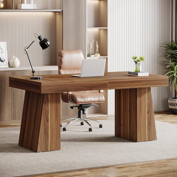 Tribesigns 55 Inches Executive Desk, Mid-Century Modern Home Office Desk with Double Trapezoid Base