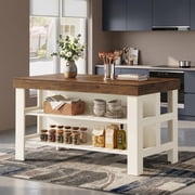 Fnova 55 Kitchen Island with Storage, Farmhouse Wood Kitchen Storage Cabinet, Large Stationary Island Table for Kitchen Dining Room, White Brown