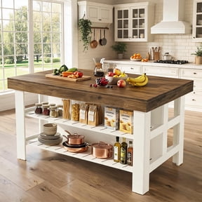 Fnova 55" Kitchen Island with Storage, Farmhouse Wood Kitchen Storage Cabinet, Large Stationary Island Table for Kitchen Dining Room, White&Brown