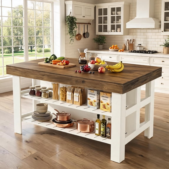Fnova 55" Kitchen Island with Storage, Farmhouse Wood Kitchen Storage Cabinet, Large Stationary Island Table for Kitchen Dining Room, White&Brown