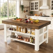 Fnova 55 Kitchen Island with Storage, Farmhouse Wood Kitchen Storage Cabinet, Large Stationary Island Table for Kitchen Dining Room, White Brown