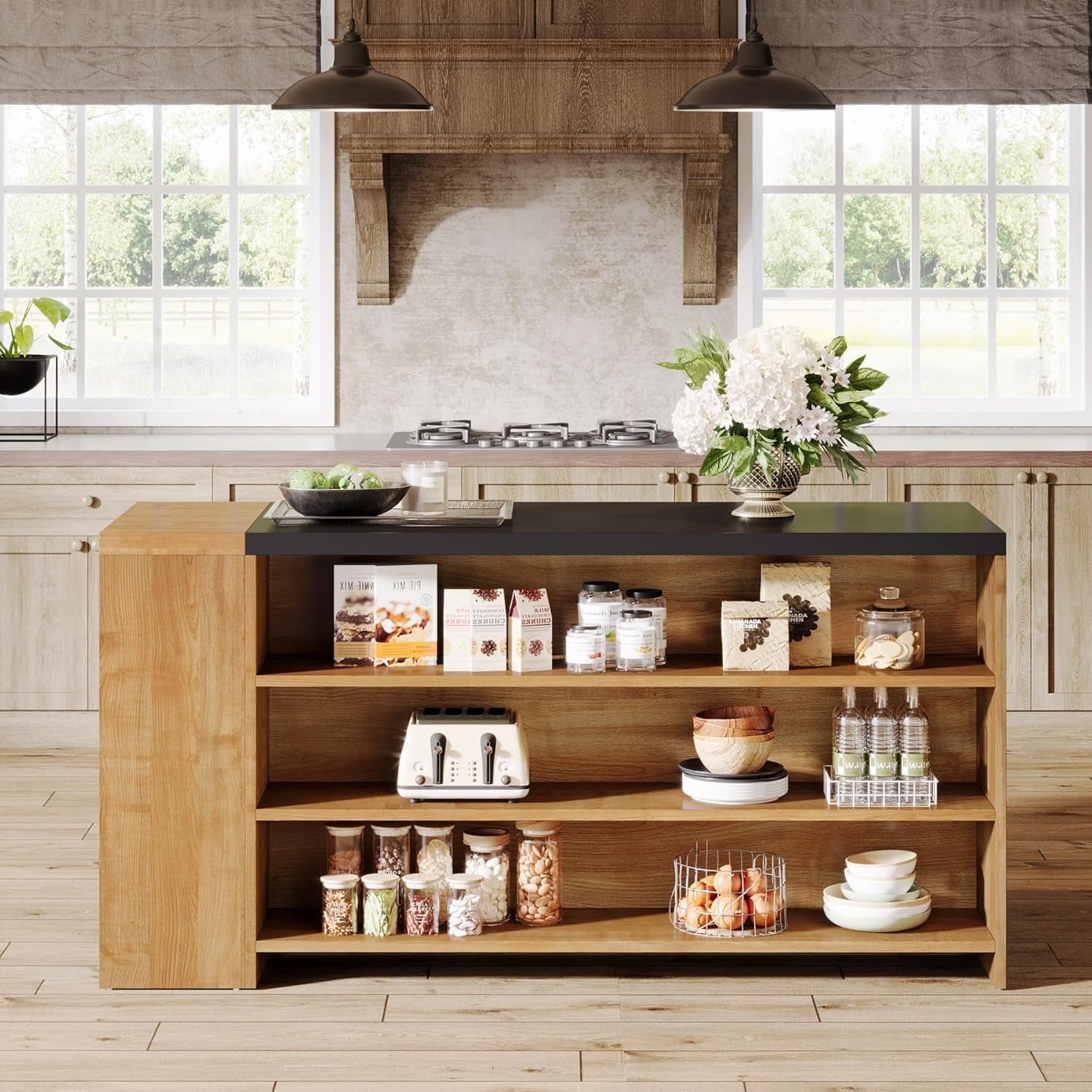 Tribesigns 55" Kitchen Island with Storage, Farmhouse 5-Tier Stationary Island Table, Wood Coffee Bar Tabl with Large Countertop for Kitchen