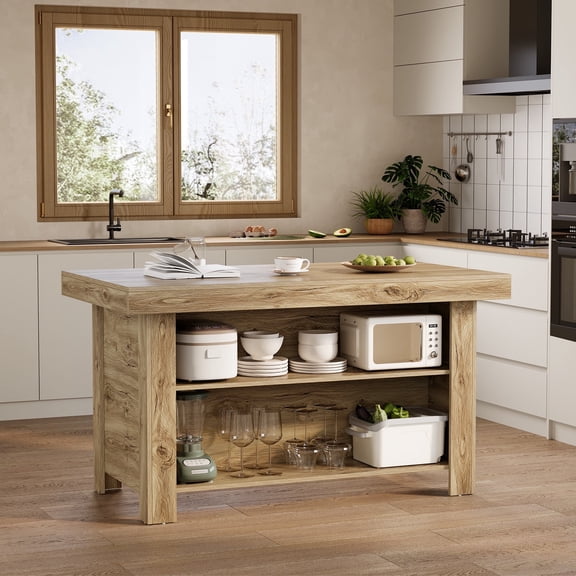 Tribesigns 55" Kitchen Island with Storage, Farmhouse Stationary Island Table Counter Height Bar Table, Light Brown