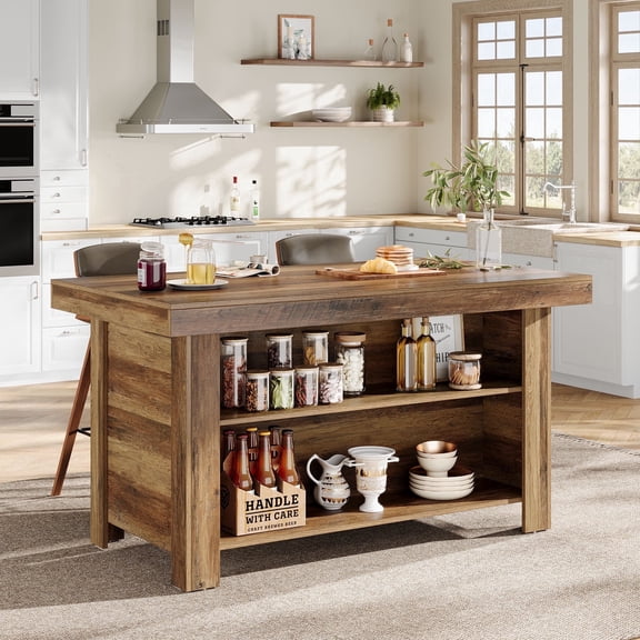 Tribesigns 55" Kitchen Island with Storage, Farmhouse Stationary Island Table Counter Height Bar Table,Rustic Brown