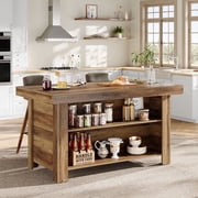 Tribesigns 55" Kitchen Island with Storage, Farmhouse Stationary Island Table Counter Height Bar Table,Rustic Brown