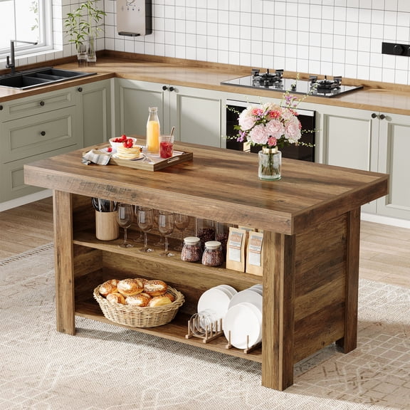 Tribesigns 55" Kitchen Island with Storage, Farmhouse Stationary Island Table Counter Height Bar Table, Rustic Brown