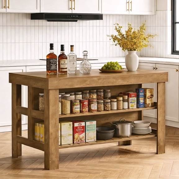 Fnova 55" Kitchen Island with Storage, Farmhouse Wood Kitchen Storage Cabinet, Large Stationary Island Table for Kitchen Dining Room, Brown