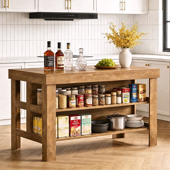 Tribesigns 55" Kitchen Island with Storage, Farmhouse Wood Kitchen Storage Cabinet,  Large Stationary Island Table for Kitchen Dining Room, Brown