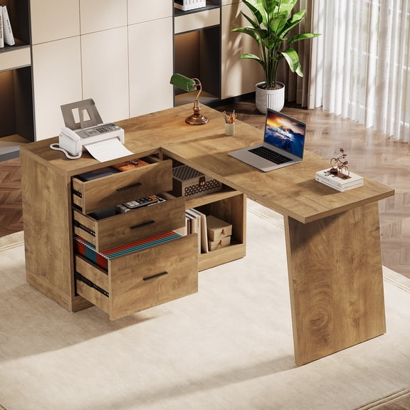 Fnova 55" L Shaped Executive Desk with Drawers, Corner Computer Desk with File Cabinet, Farmhouse Wood Office Desk for Work Writing, Gaming, Brown