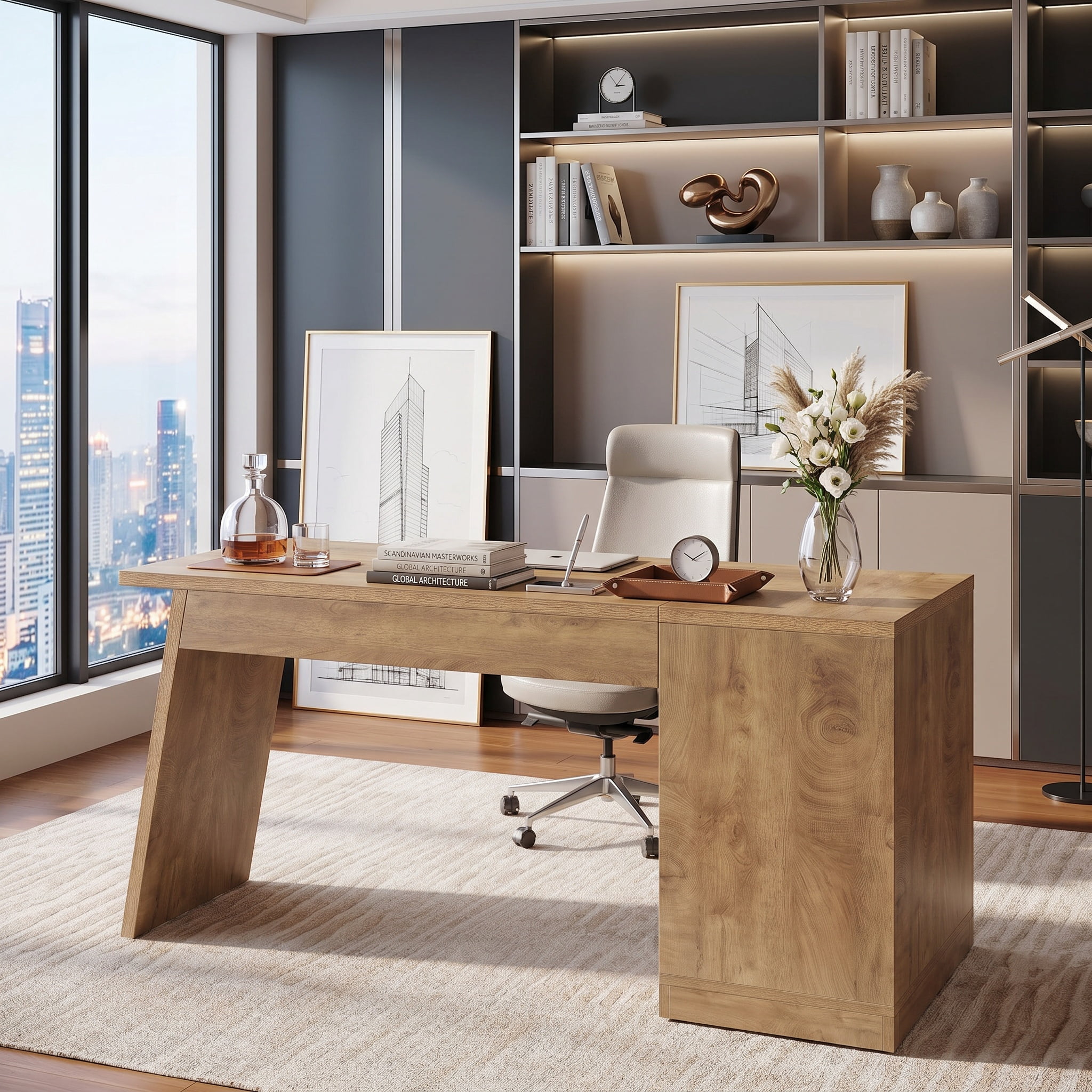 Fnova 55" L Shaped Executive Desk with Drawers, Corner Computer Desk with File Cabinet, Farmhouse Wood Office Desk for Work Writing, Gaming, Brown