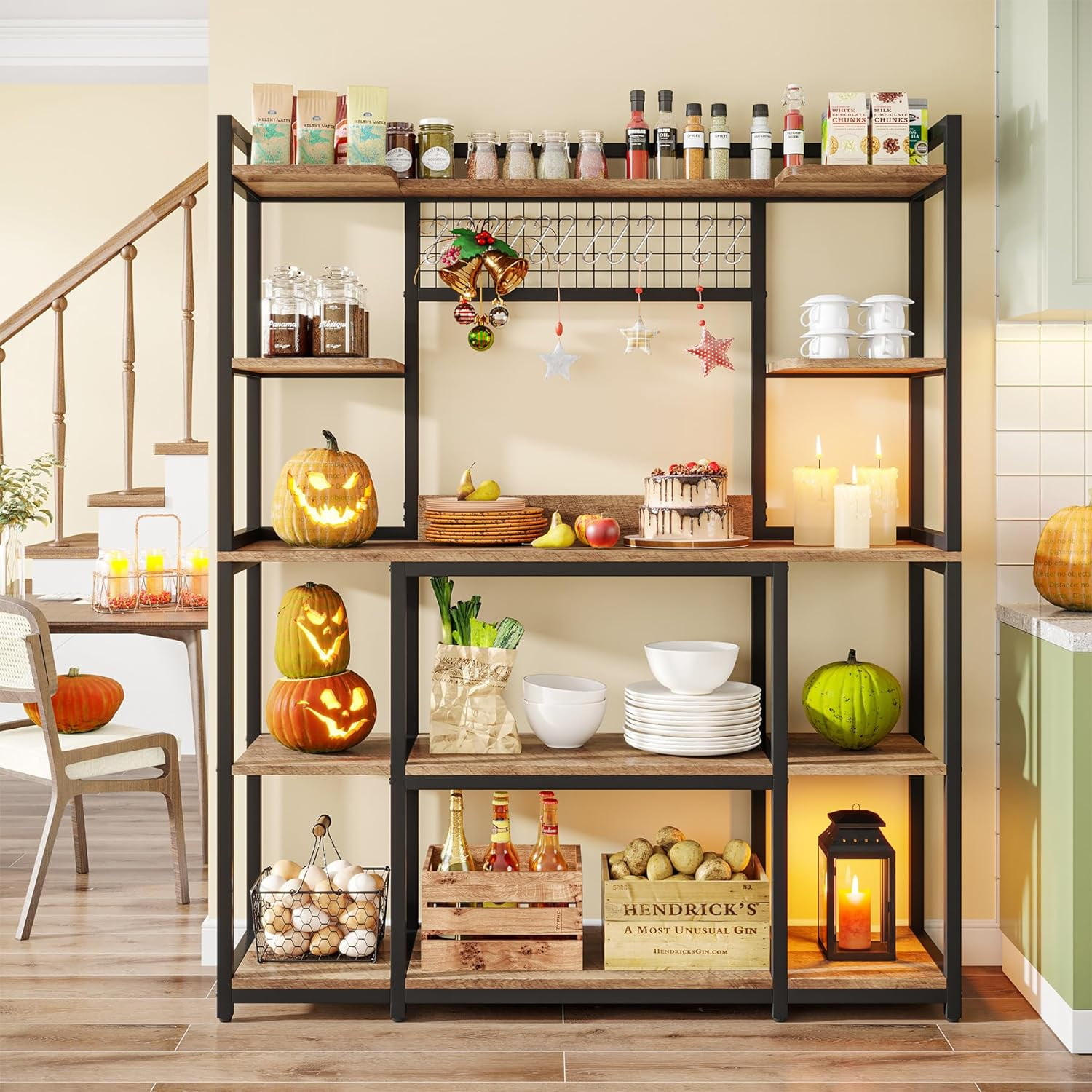 Tribesigns Large Bakers Rack 55 Wide Kitchen Hutch Cabinet Microwave Stand with 11 Hooks 5 Tier Baker s Rack Kitchen Storage Shelf Rack with Hutch