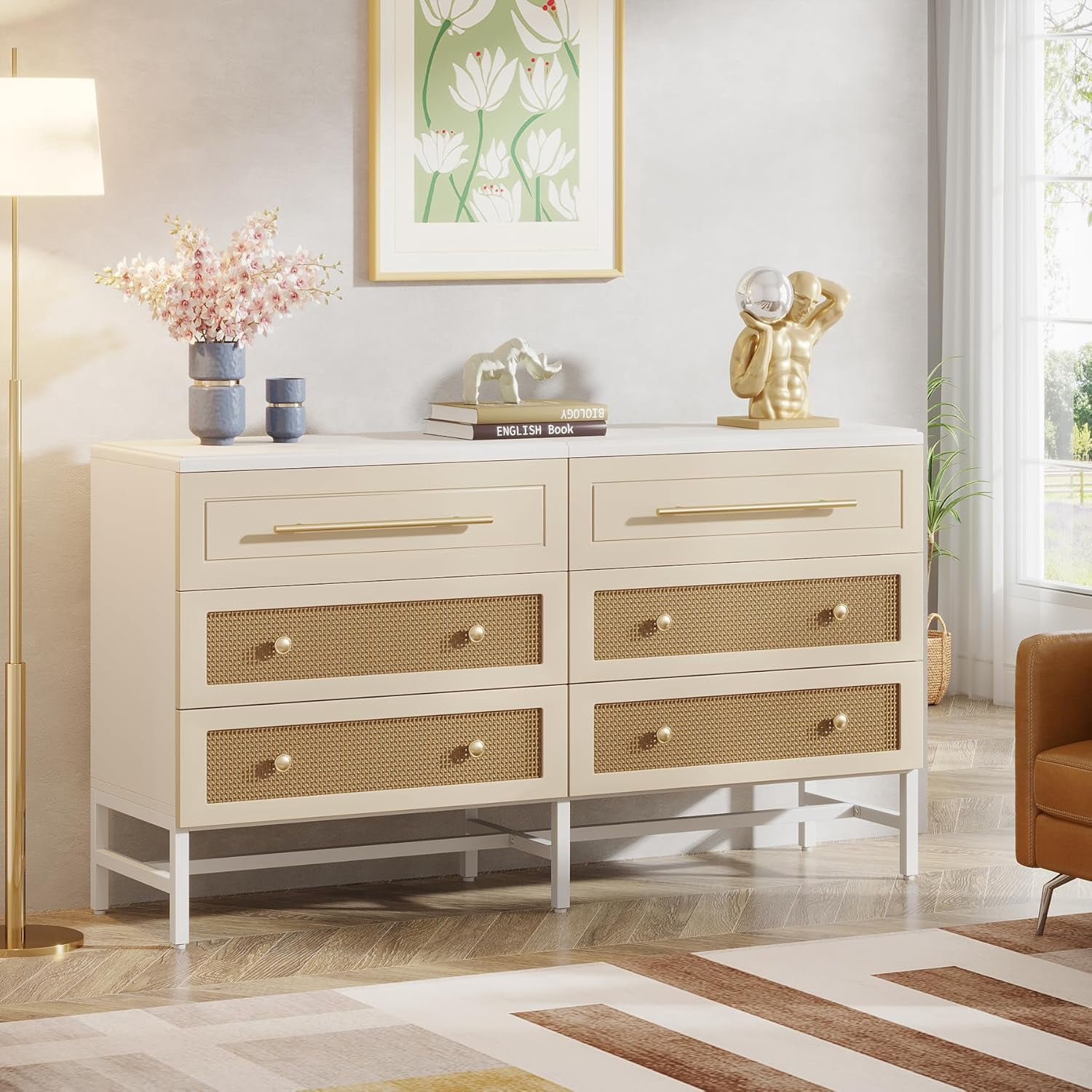 Tribesigns 55" Long Rattan Dresser with 6 Drawer, Wood Storage ...