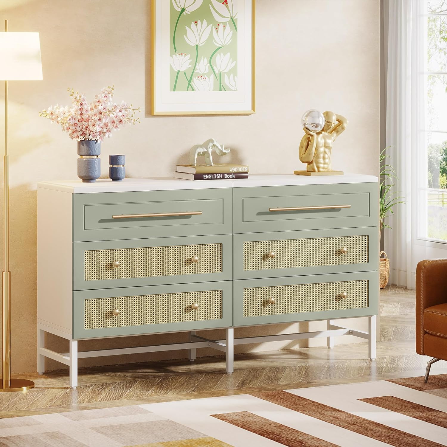 Tribesigns 55" Long Rattan Dresser with 6 Drawer, Wood Storage Organizer  for Closet, White and Green - Walmart.com