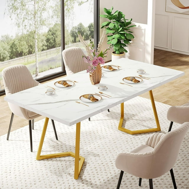 "Tribesigns 55"" Gold Dining Table with Wood Base, Faux Marble