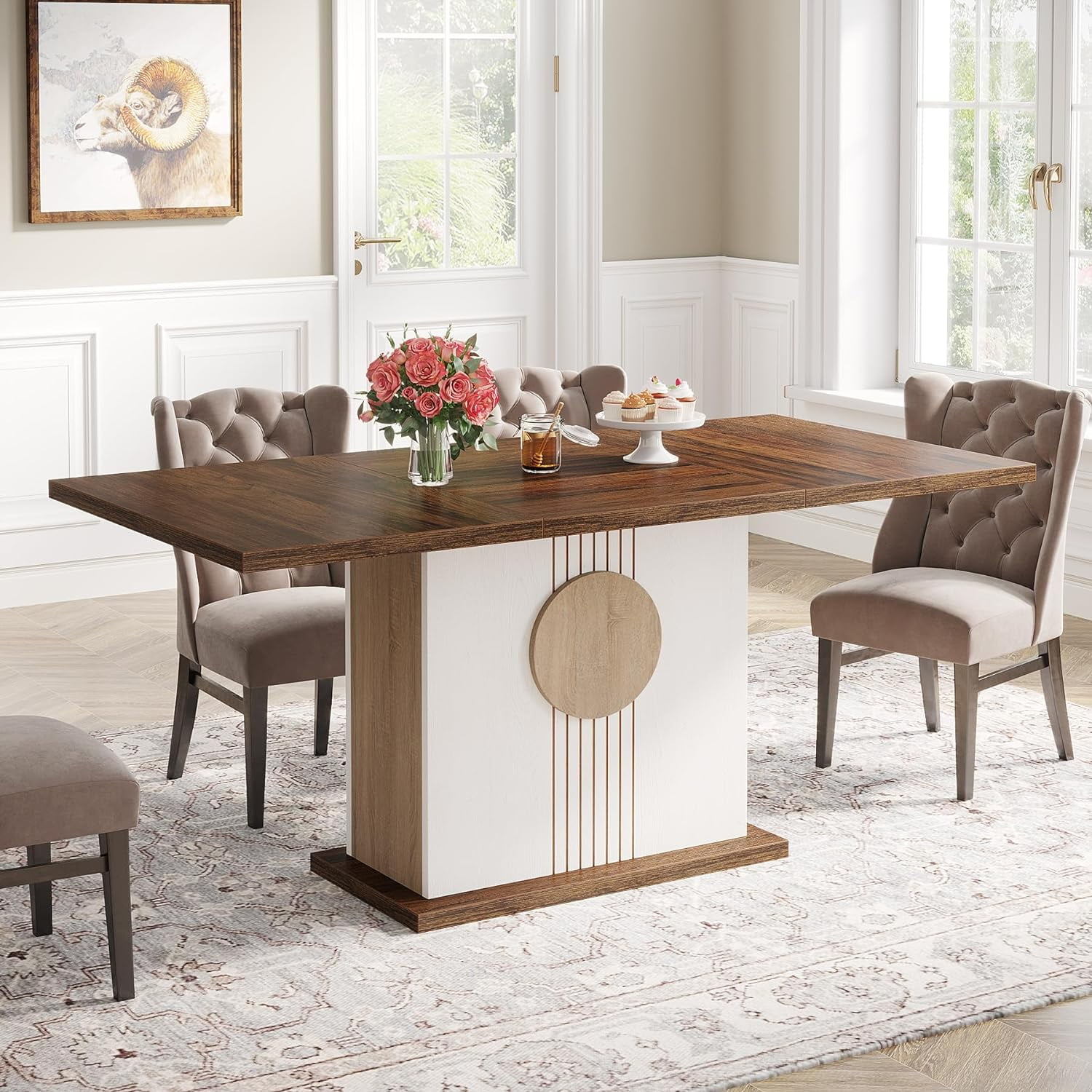 55" Brown and White Farmhouse Wood Rectangular Dining Table