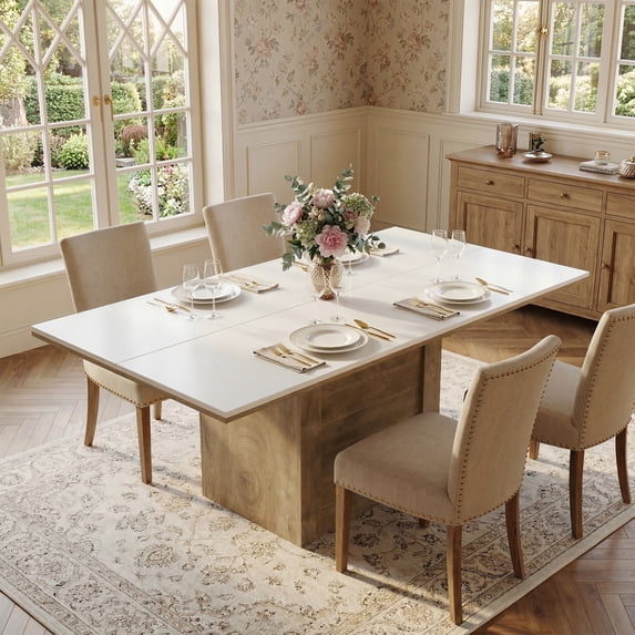 Tribesigns 55" Rectangular Dining Table for 4 to 6 People, Farmhouse Kitchen Table for Dining Room & Living Room (White+Natural)