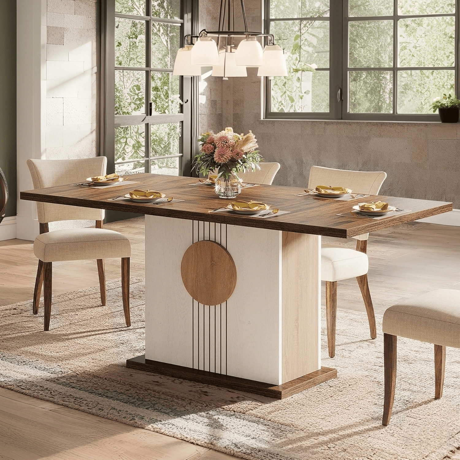 55" Brown and White Farmhouse Wood Rectangular Dining Table