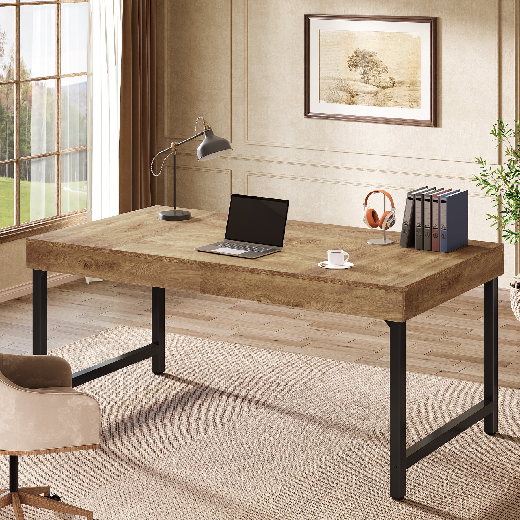 Finmind 55" Rustic Industrial Executive Office Desk, Simple, Strong Metal Framed Writing & Laptop Table, Multi-purpose Home & Business Workstation