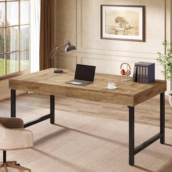 Finmind 55" Rustic Industrial Executive Office Desk, Simple, Strong Metal Framed Writing & Laptop Table, Multi-purpose Home & Business Workstation