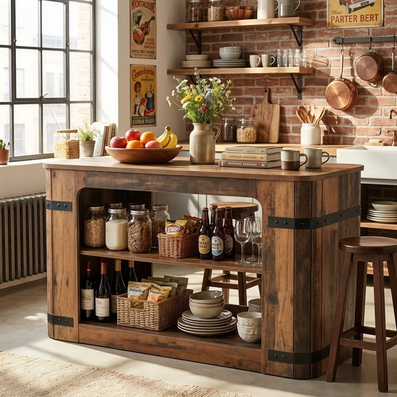 Tribesigns 55" Rustic Kitchen Island with Storage Shelves & Metal Accents, Industrial Breakfast Bar Table for Small Kitchens