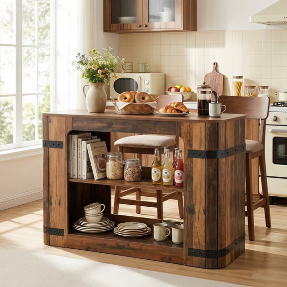 Tribesigns 55" Rustic Kitchen Island with Storage Shelves & Metal Accents, Industrial Breakfast Bar Table for Small Kitchens