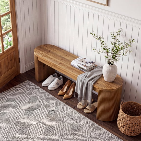 Tribesigns 55 Solid Wood Entryway Bench, Farmhouse Dining Bench with Fluted Legs & Half Round Curved Sides, Long Shoe Bench with Storage, Wooden End of Bed Bench for Bedroom, Dining Room