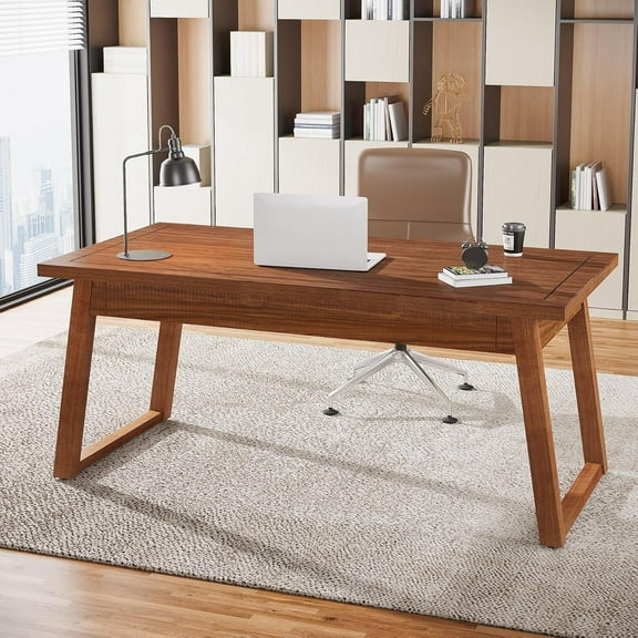 Finmind 55" Solid Wood Executive Desk with Drawer: Mid-Century Modern Writing Table