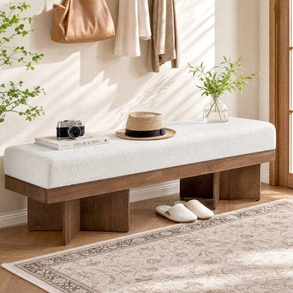Tribesigns 55" Upholstered Entryway Bench, Shoe Bench with with Faux Lamb Wool & X-Legs for Living Room, Bedroom (White & Light Walnut)
