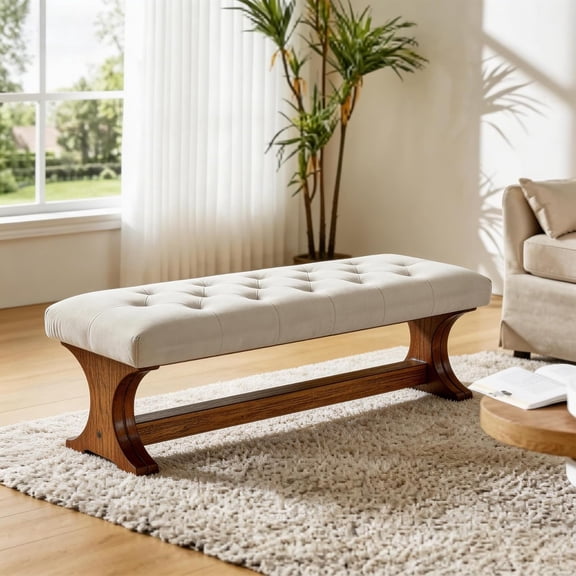 Tribesigns 55" Upholstered Entryway Bench, Solid Wood End of Bed Bench, Farmhouse Ottoman for Bedroom, Living Room