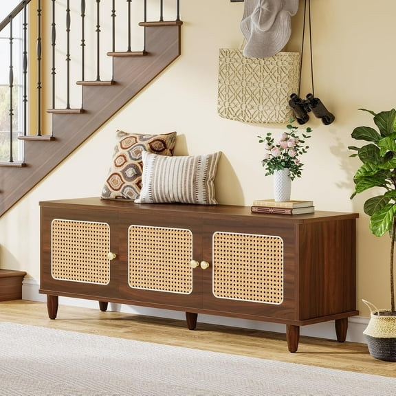 Tribesigns 55" Wooden Storage Bench with Rattan Doors, 2-Tier Shoe Bench with Lift Top for Entryway, Bedroom, Living Room