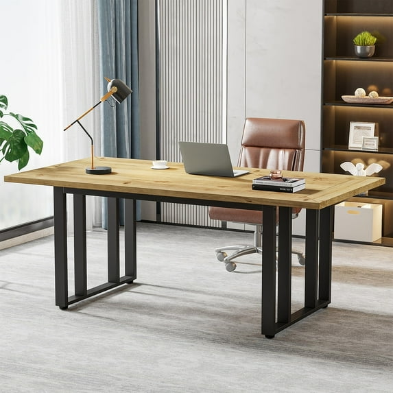 Tribesigns 55 inch Conference Table, Computer Desk Writing Desk Workstation with Metal Frame & Solid Wood Veneer for Home Office Meeting Room,Maple & Black