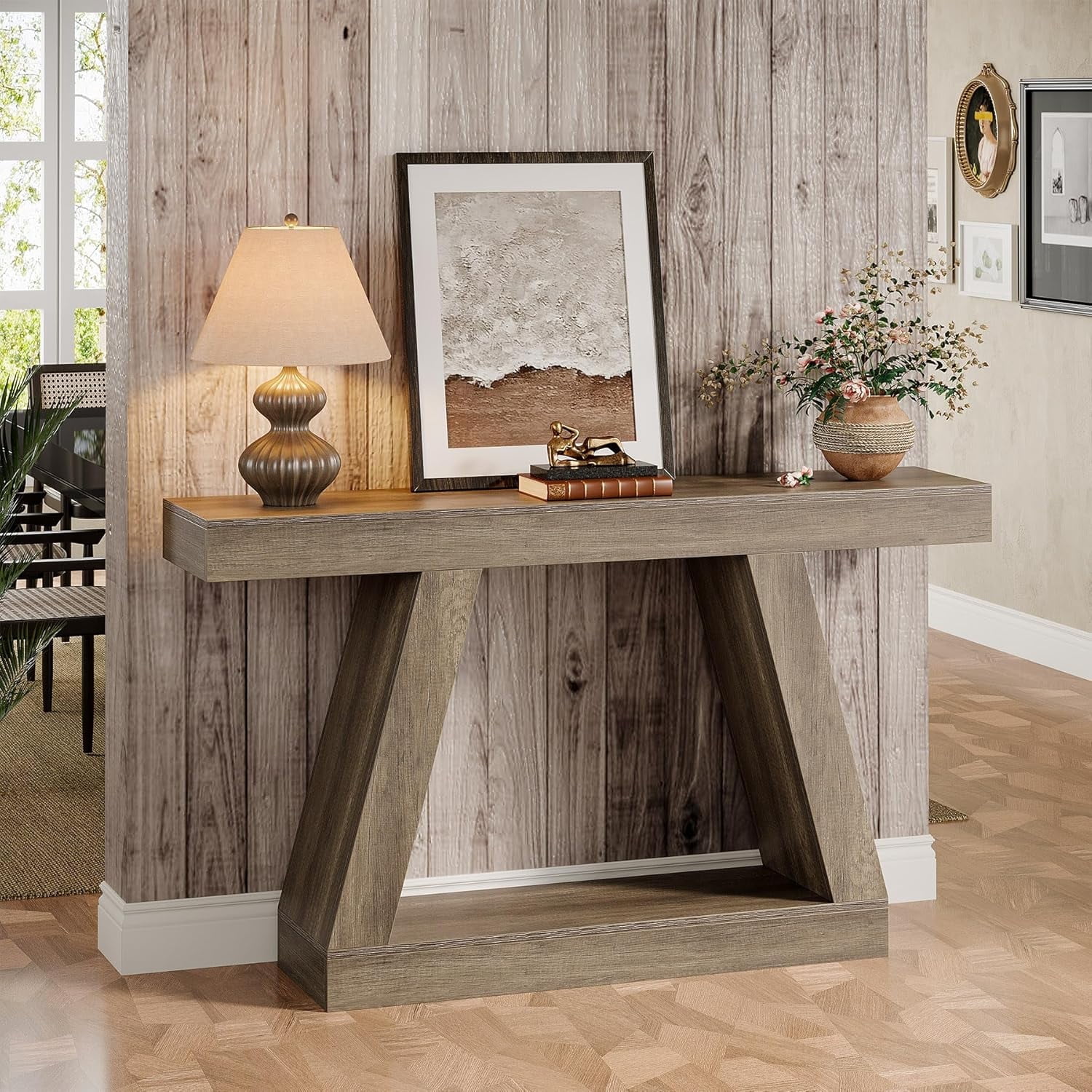 Finmind 55-inch Farmhouse Console Table，2-Tier Wood Entryway Table for Hallway, Gray