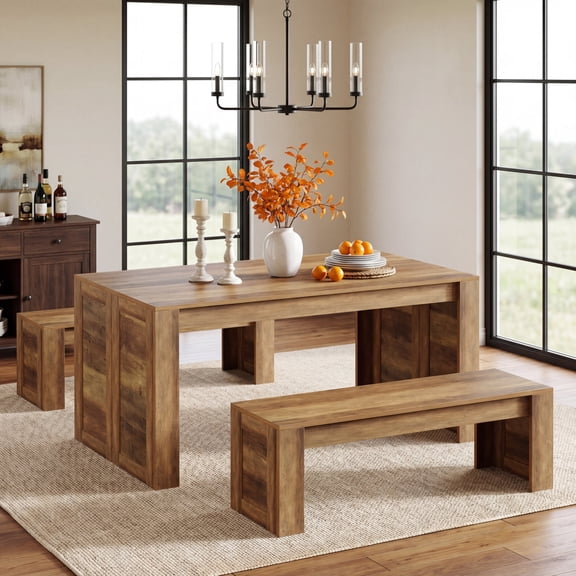 Tribesigns 55-inch Farmhouse Dining Table With 2 Benches, Wooden Kitchen Table Set For Home Kitchen, Dining Room