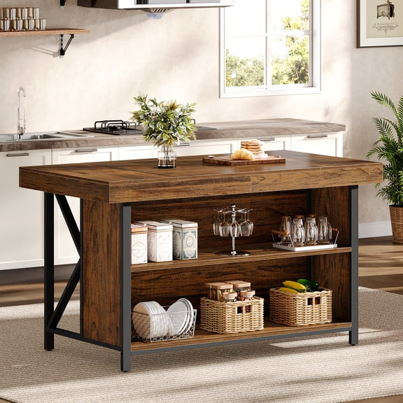 Tribesigns 55-inch Kitchen Island with Storage, 3-Tier Industrial Stationary Island Table with Metal Frame, Wooden Center Bar Table for Kitchen, Dining Room, Brown