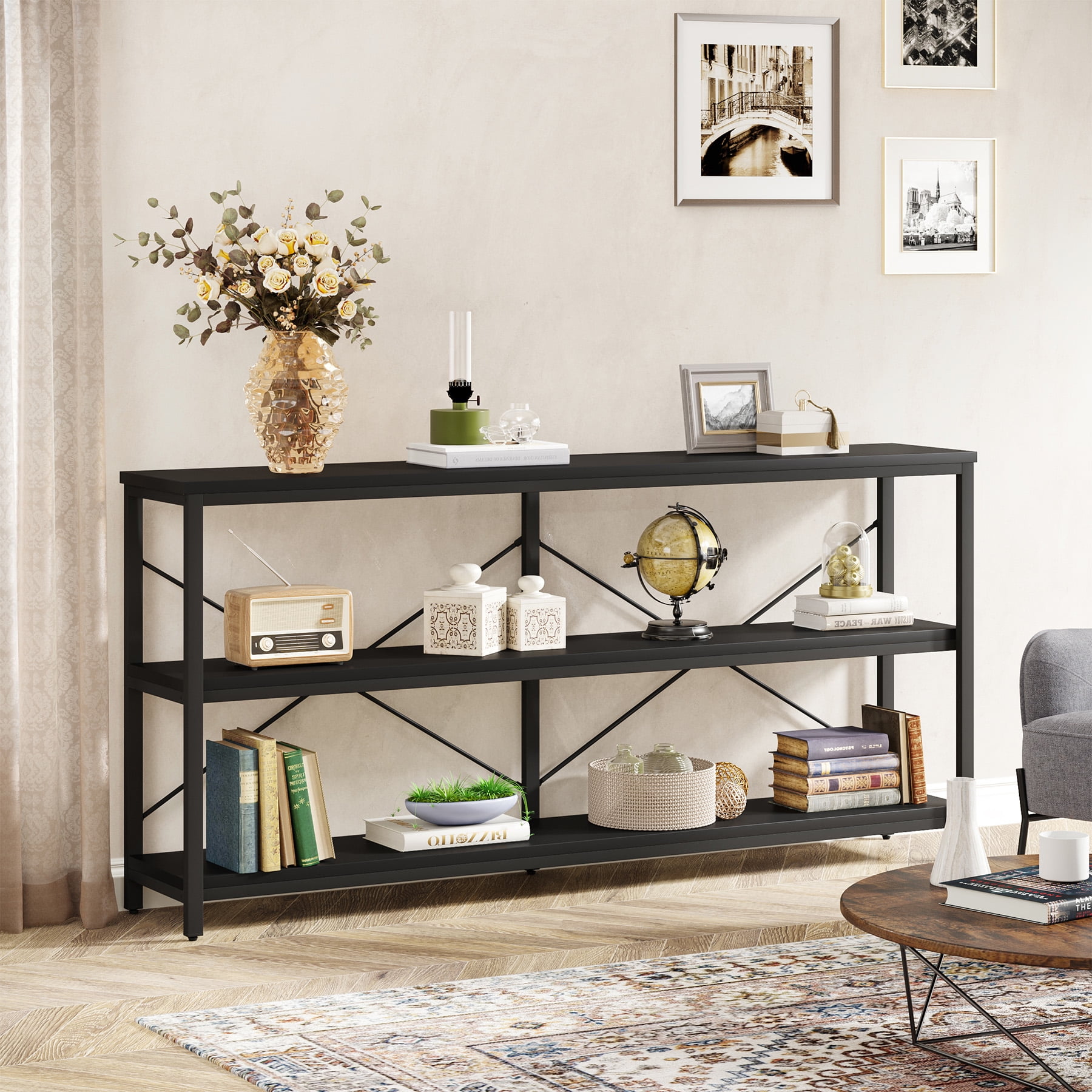 Black 55-Inch Industrial Sofa Table with 3-Tier Storage