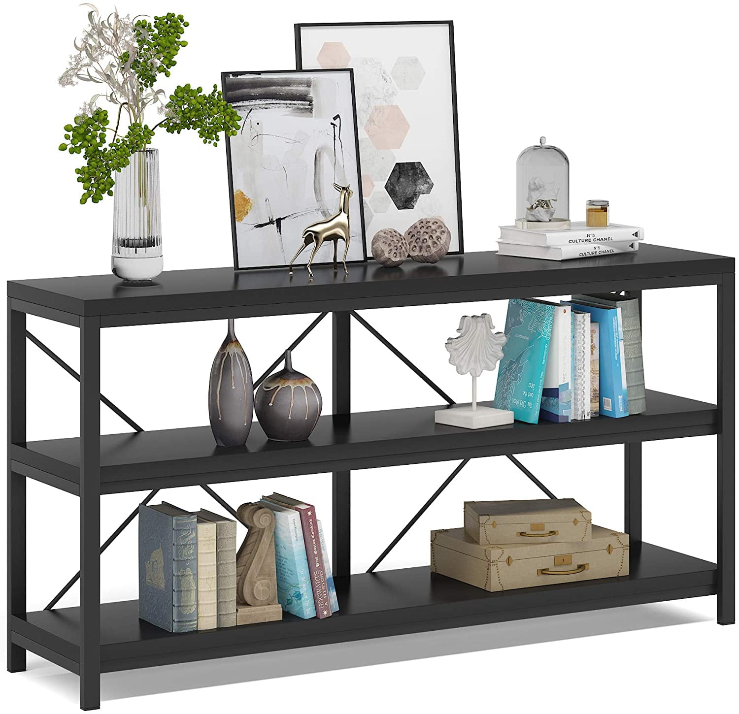 Black 55-Inch Industrial Sofa Table with 3-Tier Storage