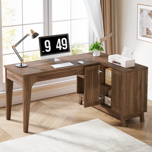 Tribesigns 57-Inch Wood L-Shaped Corner Computer Desk for Home Office, Walnut