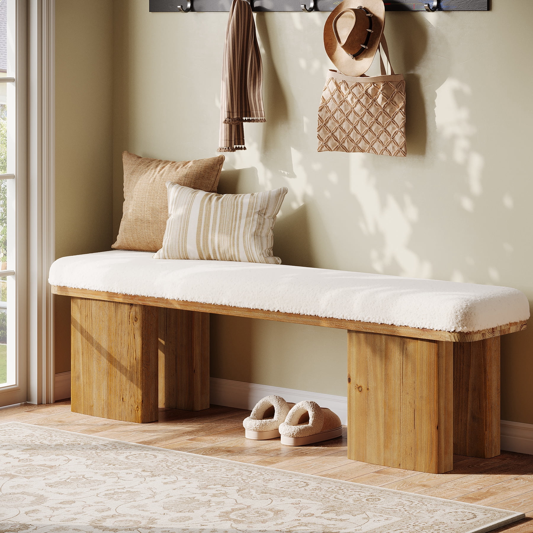 Tribesigns 59.05'' Solid Wood Entry Bench, Modern Upholstered Bench with Faux Shearling Cushion & Heavy-Duty Legs for Entryway (White & Brown)