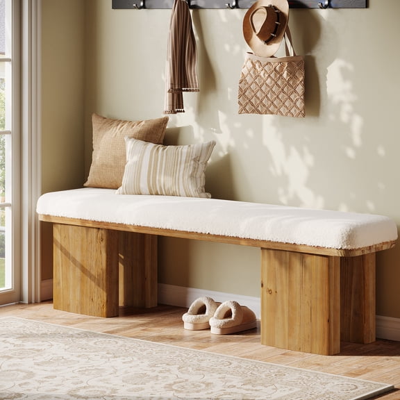 Tribesigns 59.05'' Solid Wood Entry Bench, Modern Upholstered Bench with Faux Shearling Cushion & Heavy-Duty Legs for Entryway (White & Brown)