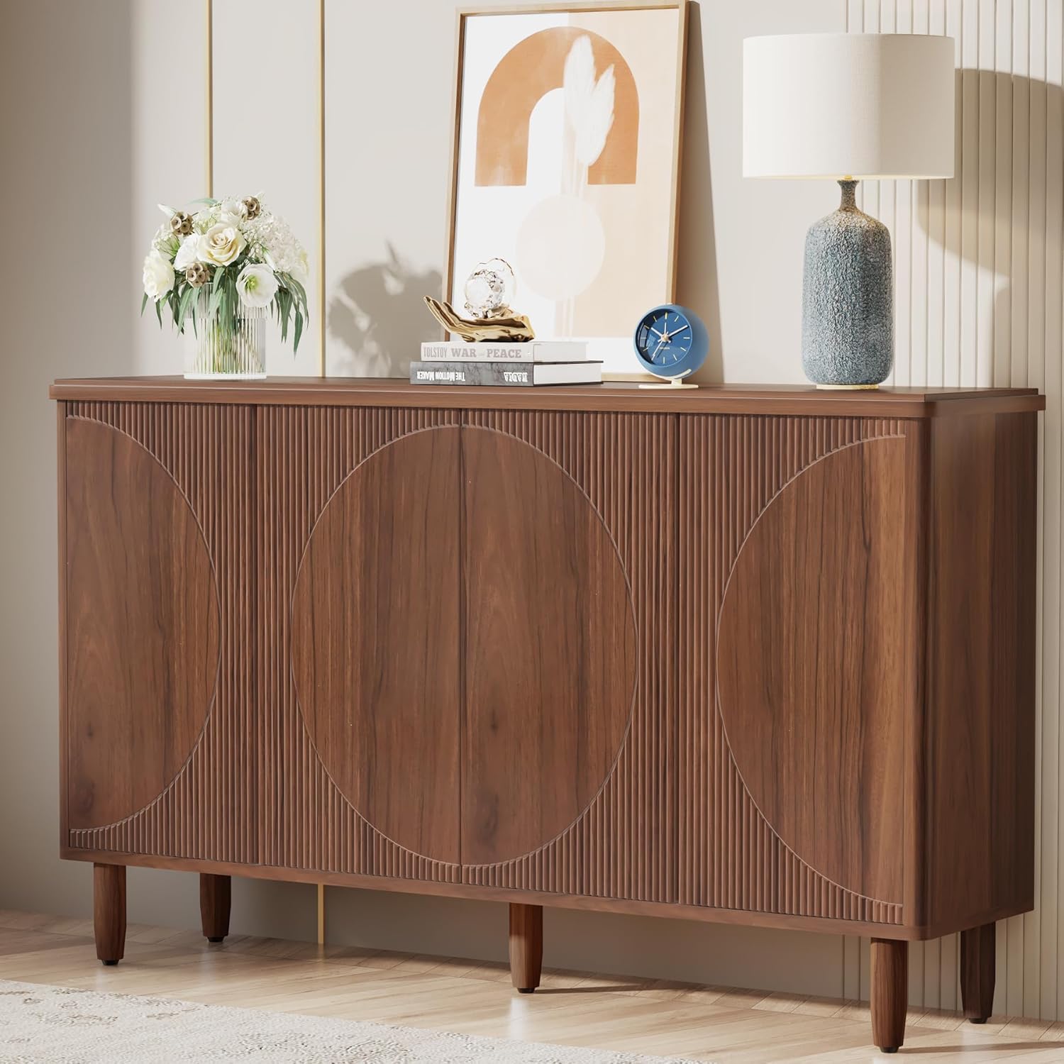 Tribesigns 59.4-Inch Farmhouse Sideboard Buffet Storage Cabinet with Doors for Kitchen Dining Room Living Room(Brown)