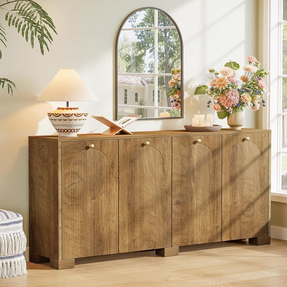 Tribesigns 59" Fluted Sideboard Buffet Cabinet, Farmhouse Buffet Table with 4 Arc Doors & Shelves, Coffee Bar Accent Storage Cabinet for Kitchen & Dining Room, Brown