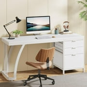 Tribesigns 59-Inch Computer Desk, Large Desk with Reversible 3-Drawer Cabinet, Industrial Writing Desk Workstation for Home Office, White