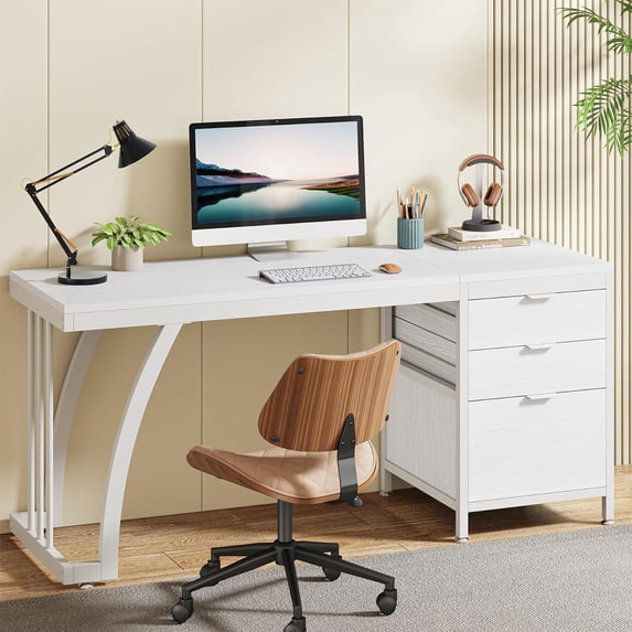 Tribesigns 59-Inch Computer Desk, Large Desk with Reversible 3-Drawer Cabinet, Industrial Writing Desk Workstation for Home Office, White