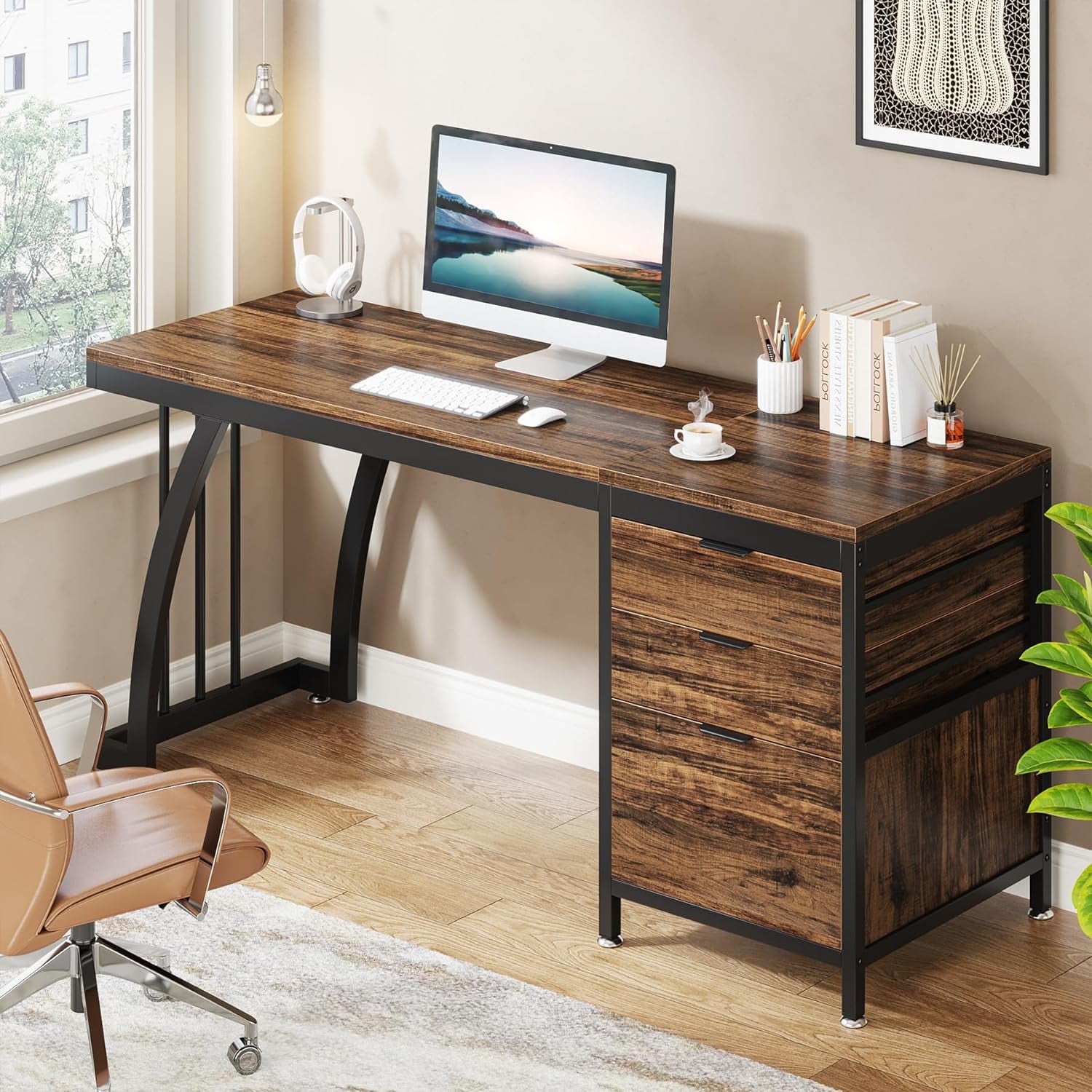 Tribesigns 59 Inch Computer Desk with 3 Drawers, Brown Industrial PC Desk with File Storage