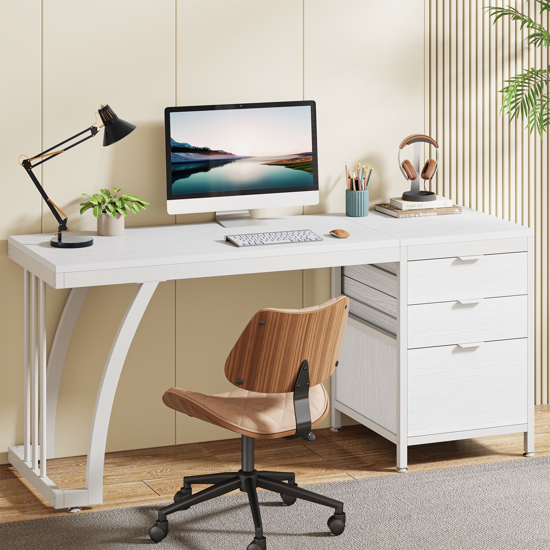 White Wood Computer Desk with 3 Drawers and Filing Cabinet
