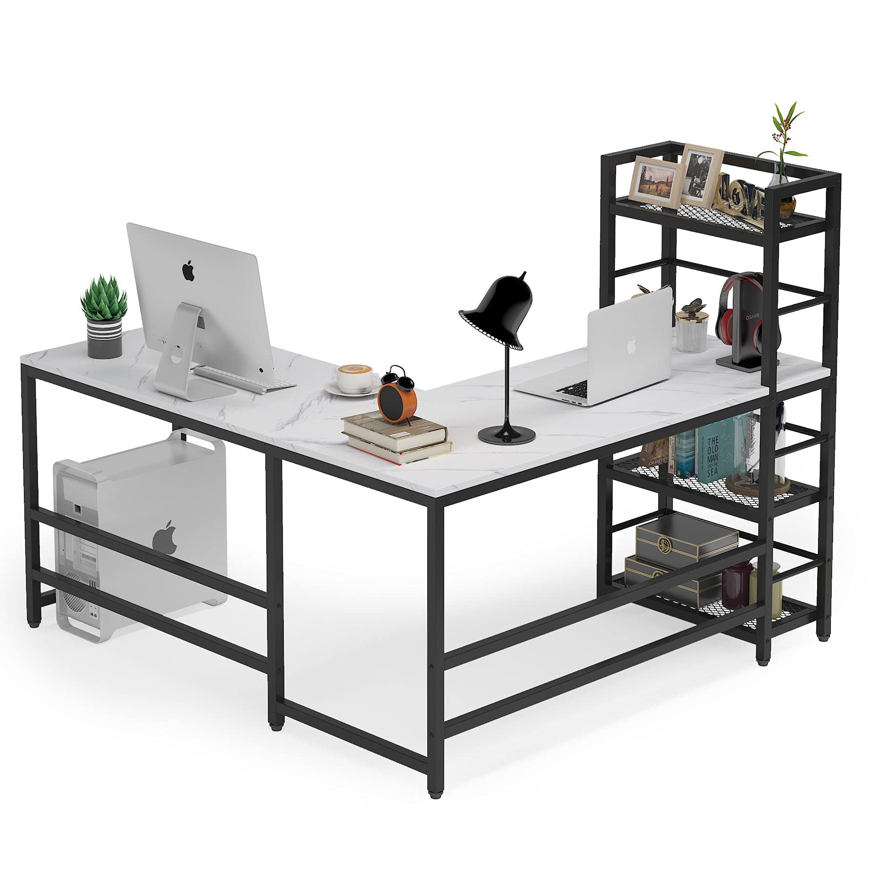 Tribesigns 59 Inch L Shaped Computer Desk with 4Tier Storage Shelves