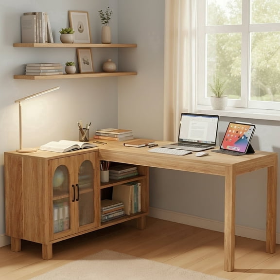 Fnova 59" L Shaped Computer Desk with 4 Storage Shelves, Office Desk with File Cabinet for Storage, Farmhouse Wood Executive Desk for Work Writing Sturdy, Gaming, Brown