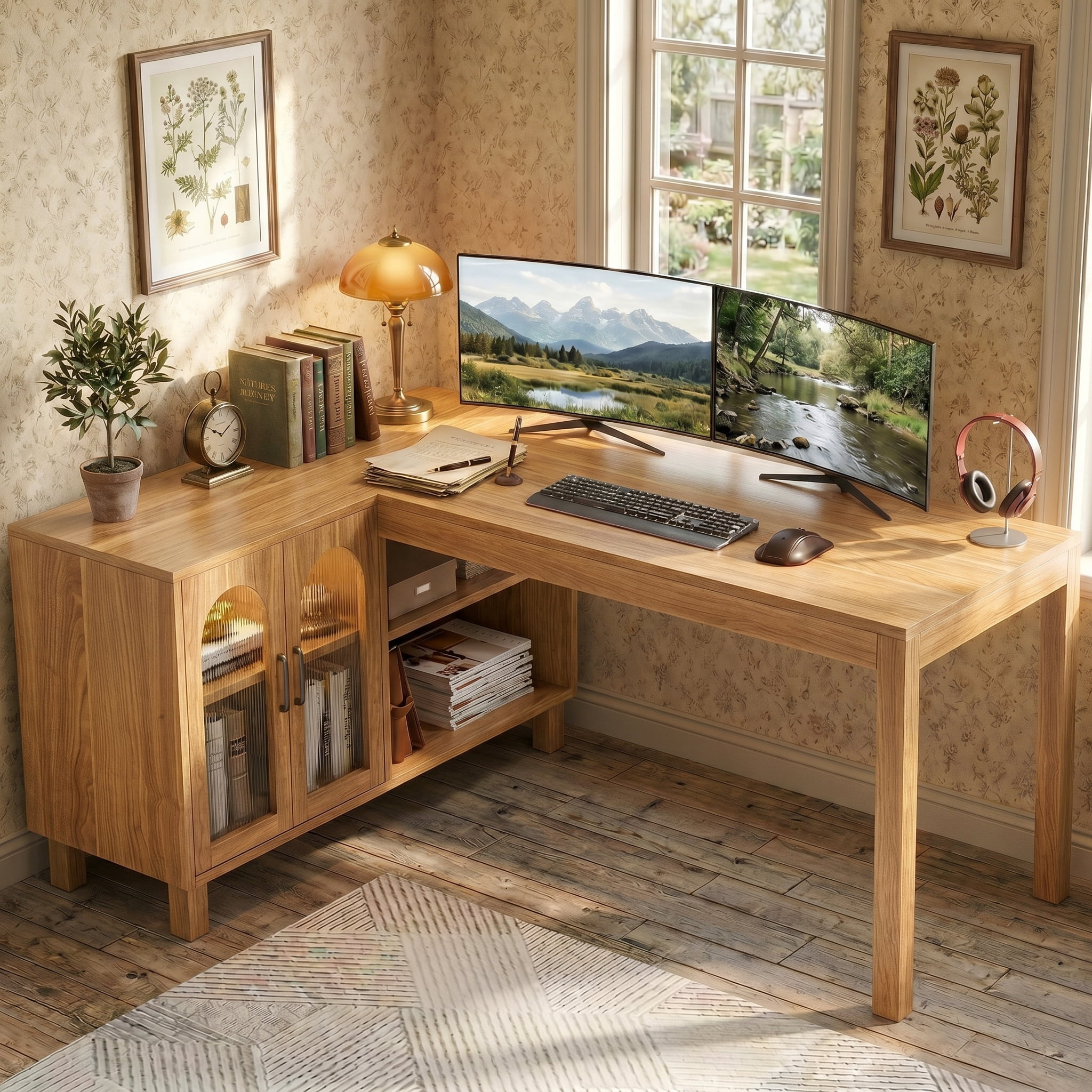 Fnova 59" Farmhouse L Shaped Desk with Storage, Computer Office Desk Writing Table Workstation, Spacious Executive Desk with 4 Storage Shelves, Brown