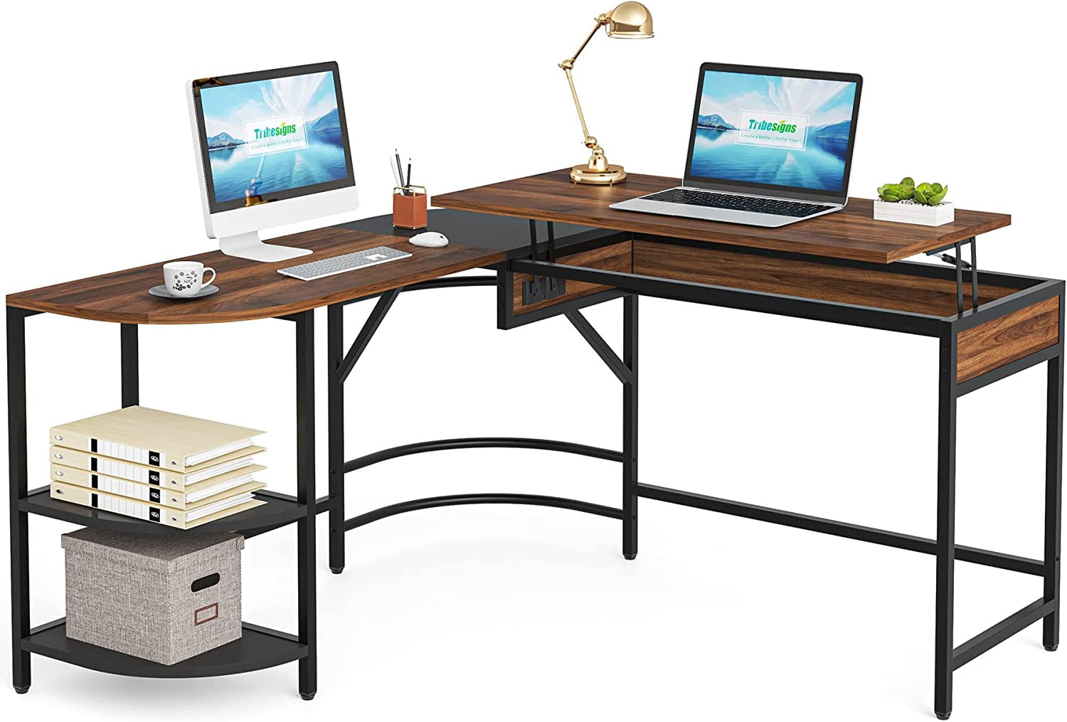 Tribesigns 59" L Shaped Desk with Lift Top, Large Height Adjustable Corner Computer Desk with
