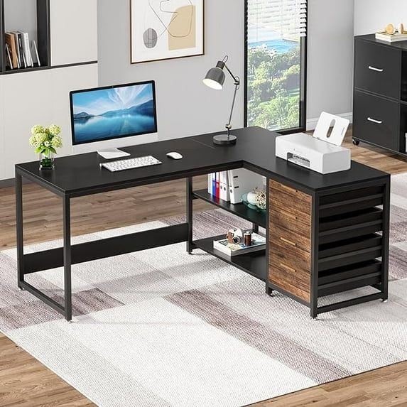 Tribesigns 59" L-Shaped Office Desk, Modern Reversible Computer Study Desk for Home Office, Black